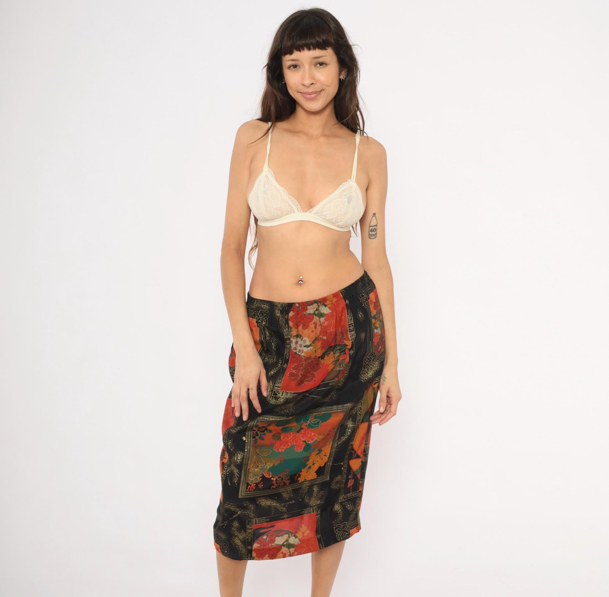 80s Japanese Floral Pencil Skirt Black Red Teal Gold Peonies Midi Medium Large
