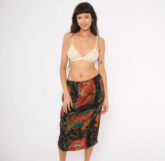 80s Japanese Floral Pencil Skirt Black Red Teal Gold Peonies Midi Medium Large
