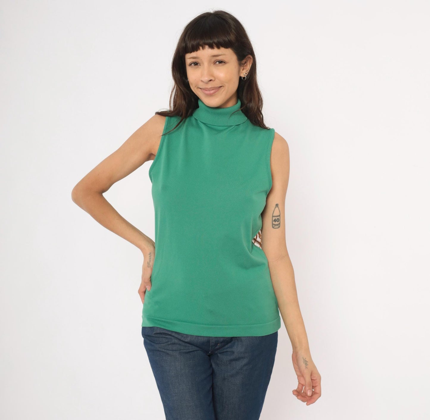 70s Sage Green Sleeveless Mock Neck Knit Tank Top Ribbed Shell Medium Large