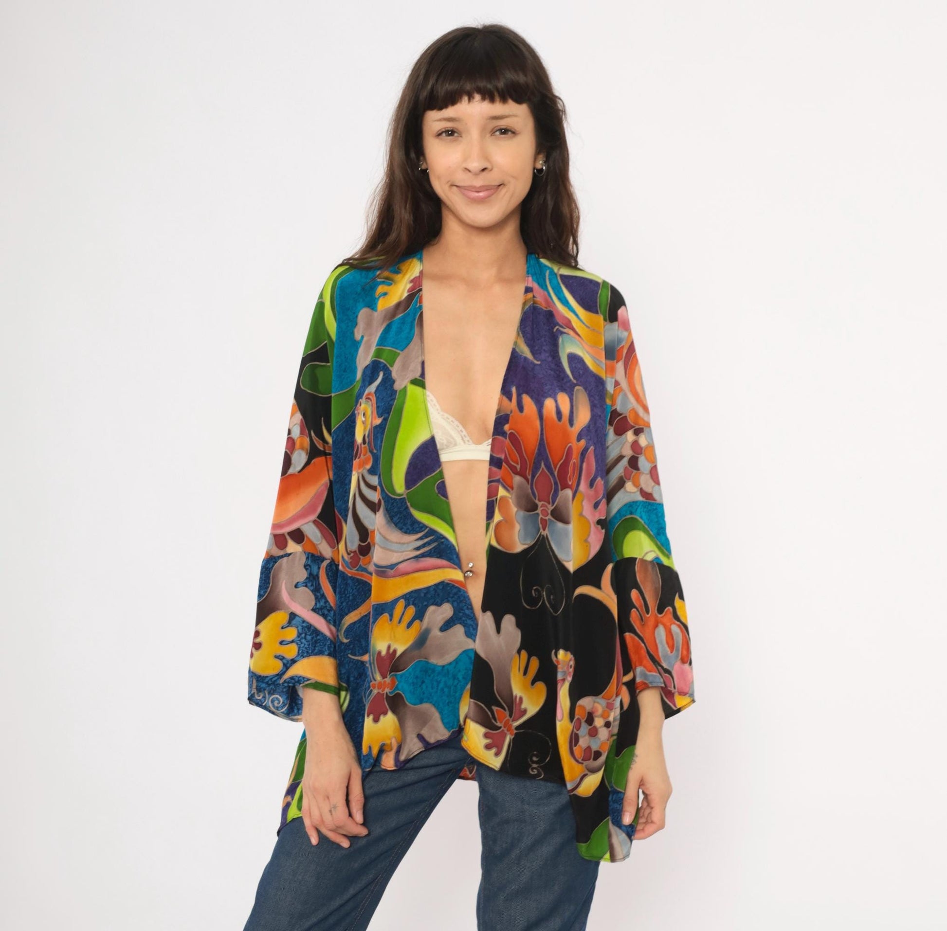 2000s Deeva Silk Kimono Jacket Multicolor Bird Floral Abstract One Size