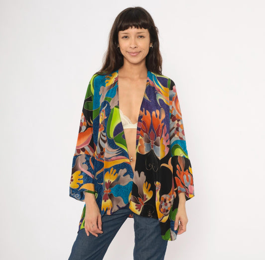2000s Deeva Silk Kimono Jacket Multicolor Bird Floral Abstract One Size