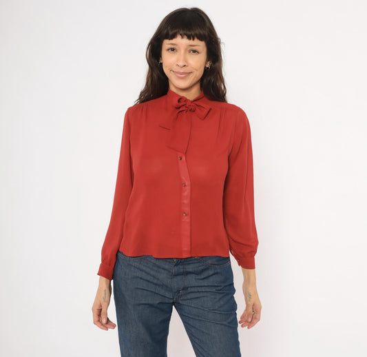 70s Kanga Petite Bow Neck Blouse Rust Terra Cotta Button Front Small