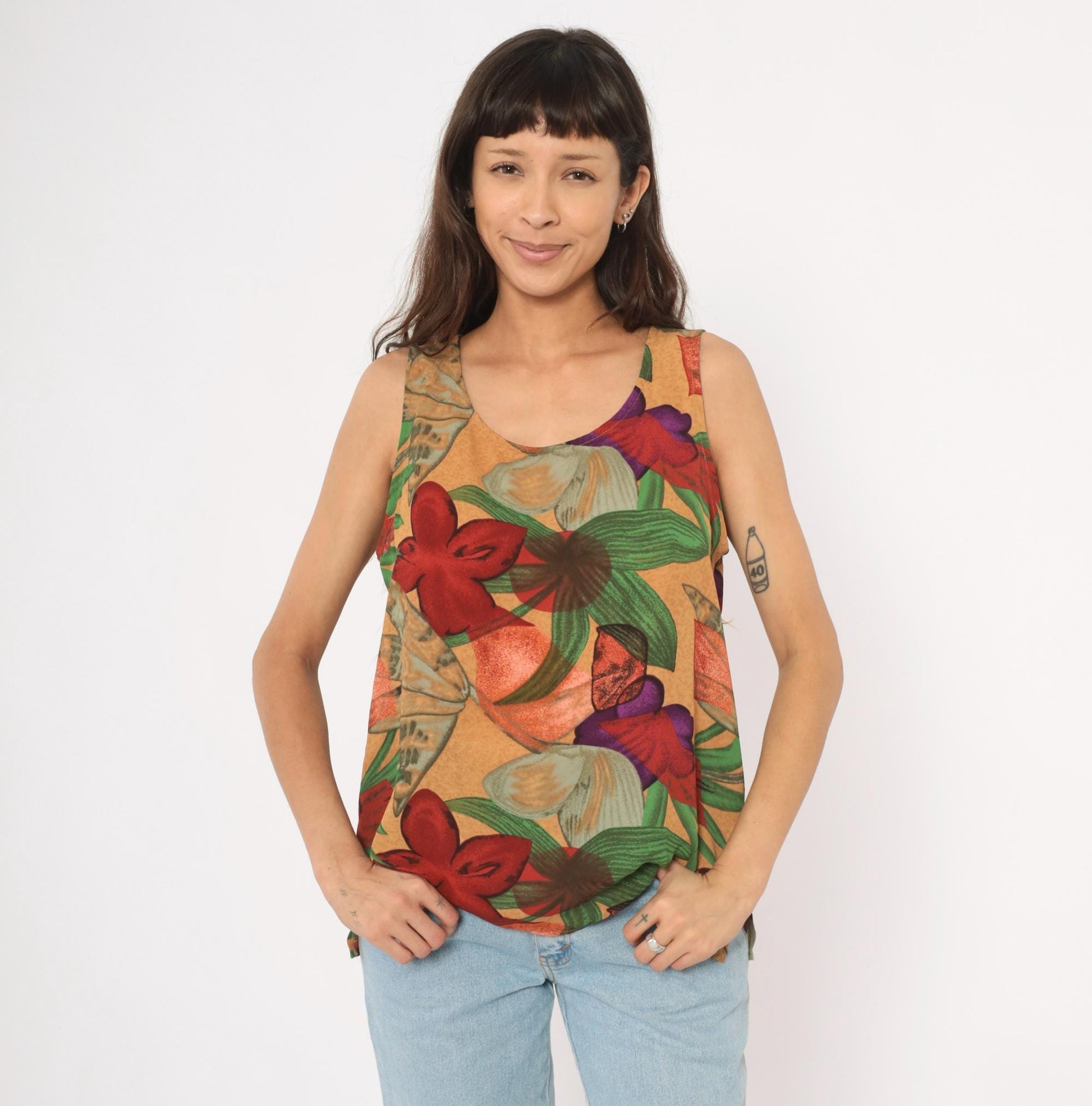 90s Halston Floral Tank Top Tropical Print Sand Medium Large