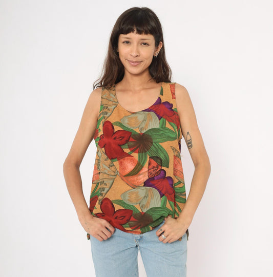 90s Halston Floral Tank Top Tropical Print Sand Medium Large