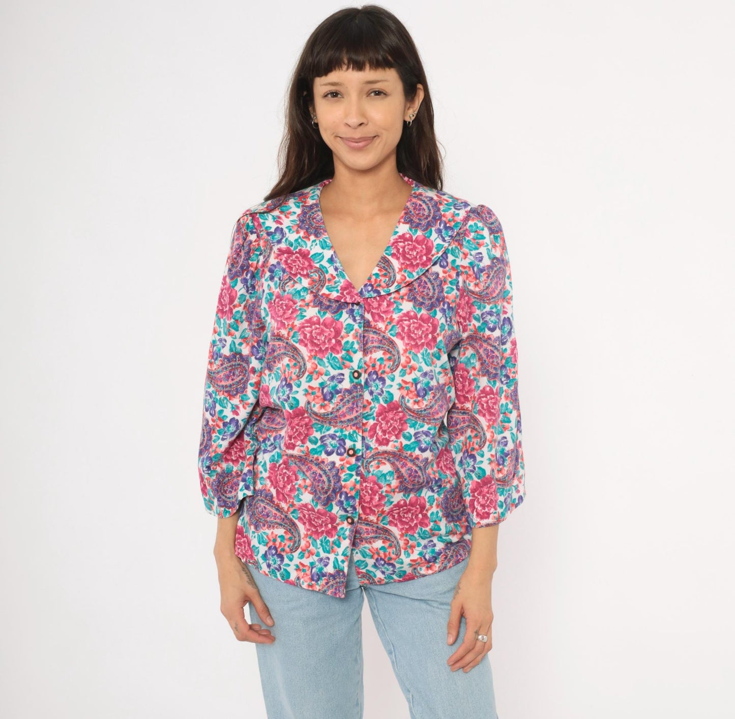 90s Worthington Floral Paisley Blouse Pink Teal Purple Three Quarter Sleeve Large L