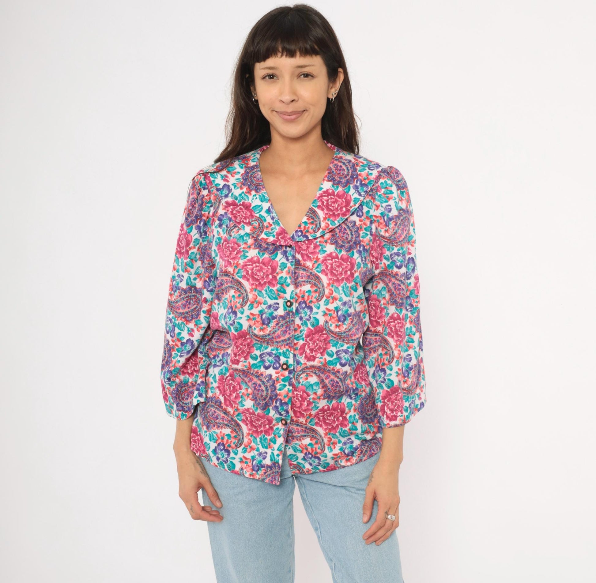 90s Worthington Floral Paisley Blouse Pink Teal Purple Three Quarter Sleeve Large L