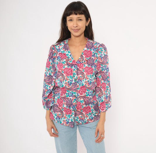 90s Worthington Floral Paisley Blouse Pink Teal Purple Three Quarter Sleeve Large L