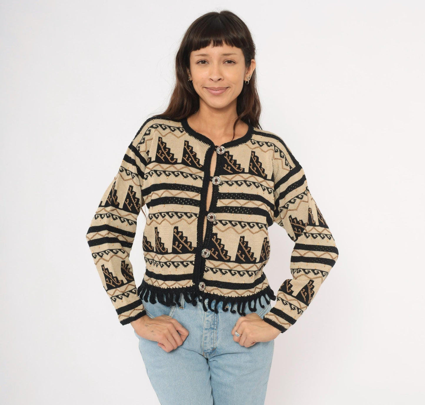 2000s Peruvian Connection Cardigan Cream Black Geometric Fringe Pima Cotton Medium M