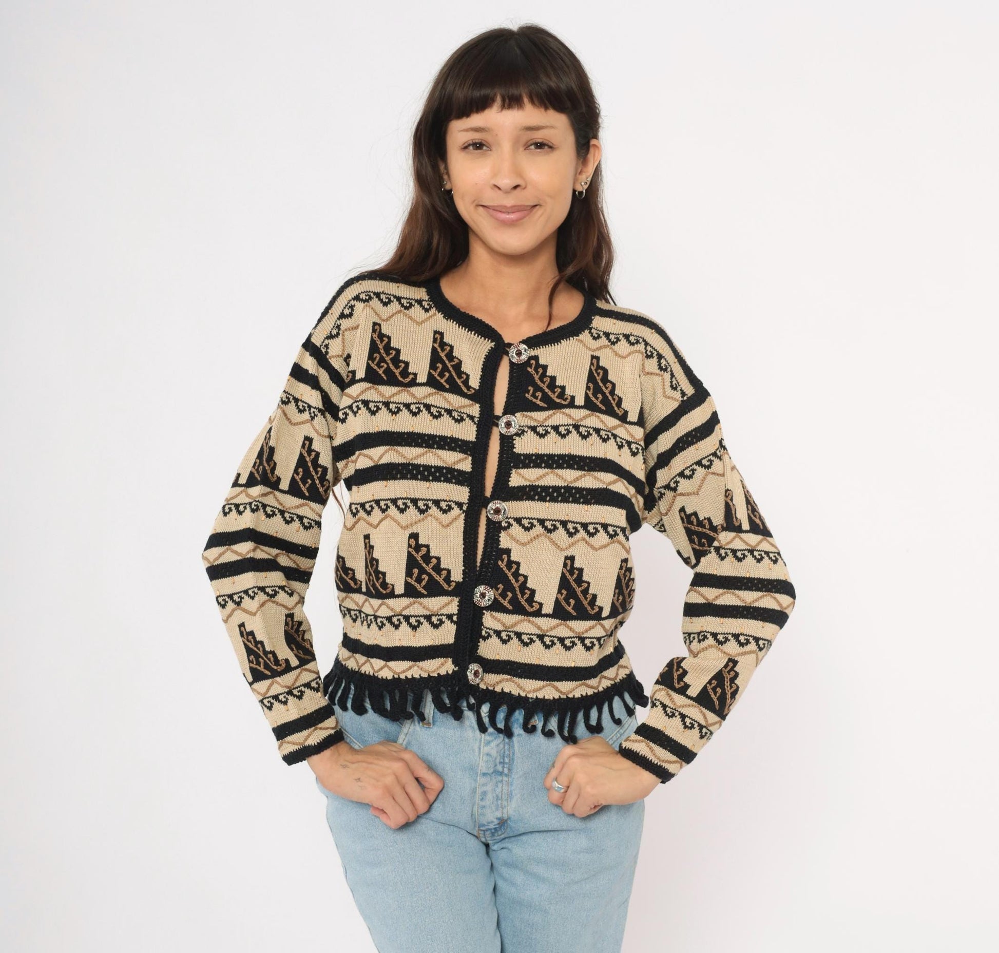 2000s Peruvian Connection Cardigan Cream Black Geometric Fringe Pima Cotton Medium M