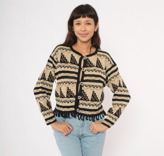 2000s Peruvian Connection Cardigan Cream Black Geometric Fringe Pima Cotton Medium M