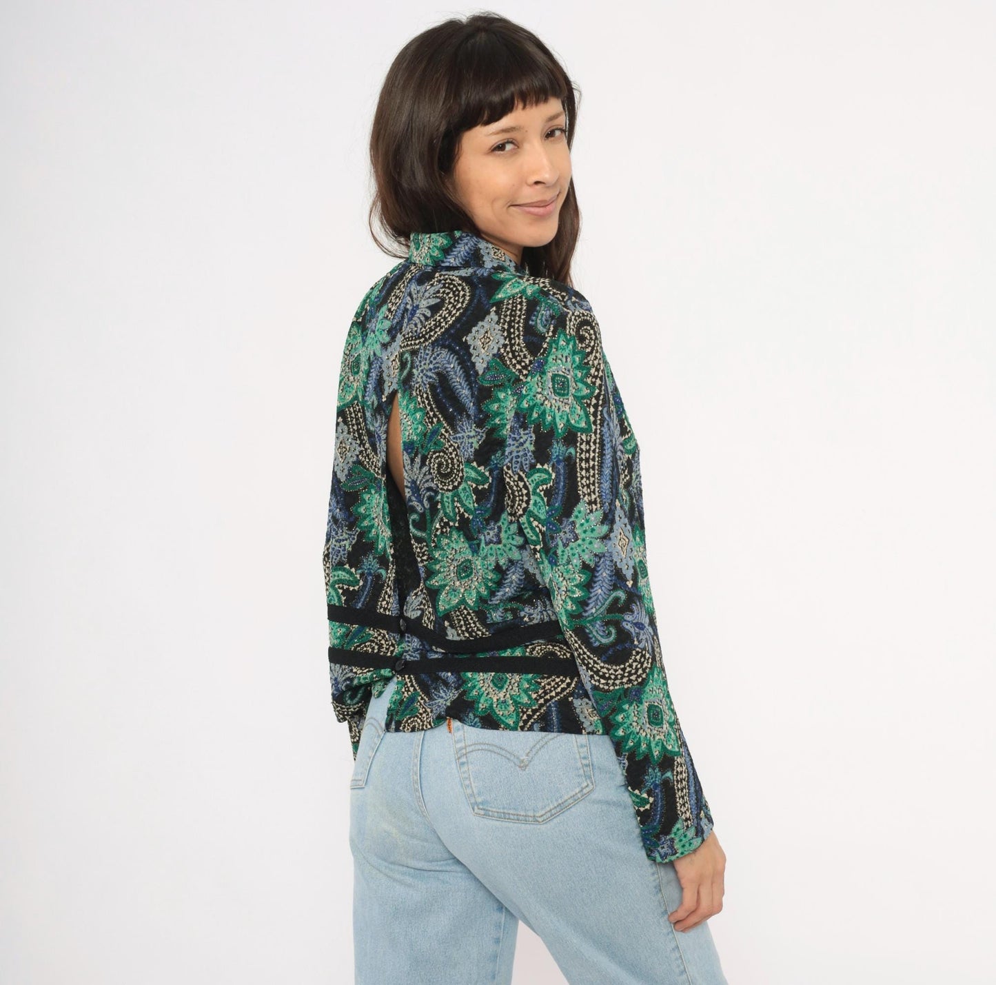 90s K Petite Paisley Blazer Emerald Green Navy Velvet Trim Cropped Large L