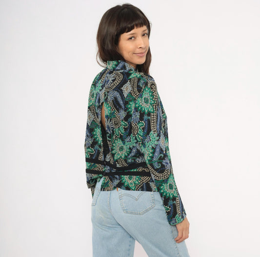 90s K Petite Paisley Blazer Emerald Green Navy Velvet Trim Cropped Large L