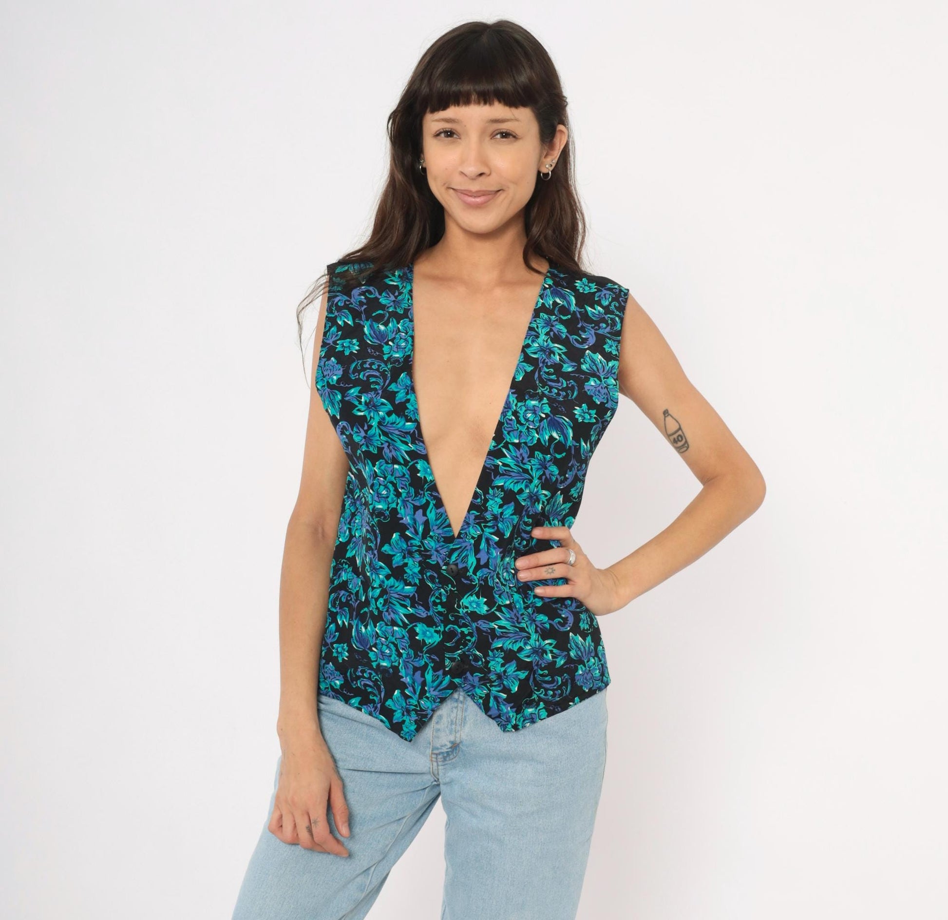 90s Floral Waistcoat Black Teal Purple Baroque Button Front Satin Back Medium M