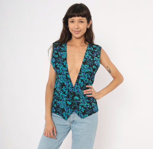 90s Floral Waistcoat Black Teal Purple Baroque Button Front Satin Back Medium M
