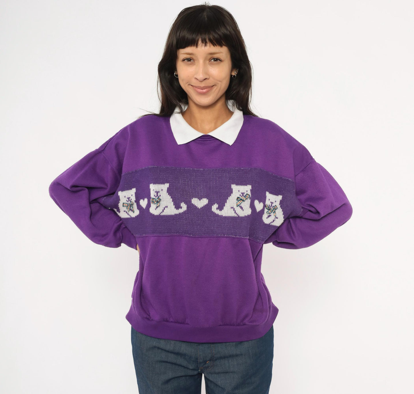 90s Purple Cat Collared Sweatshirt White Collar Plaid Bow Heart Panel Plus Size 1X