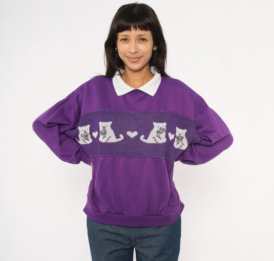 90s Purple Cat Collared Sweatshirt White Collar Plaid Bow Heart Panel Plus Size 1X