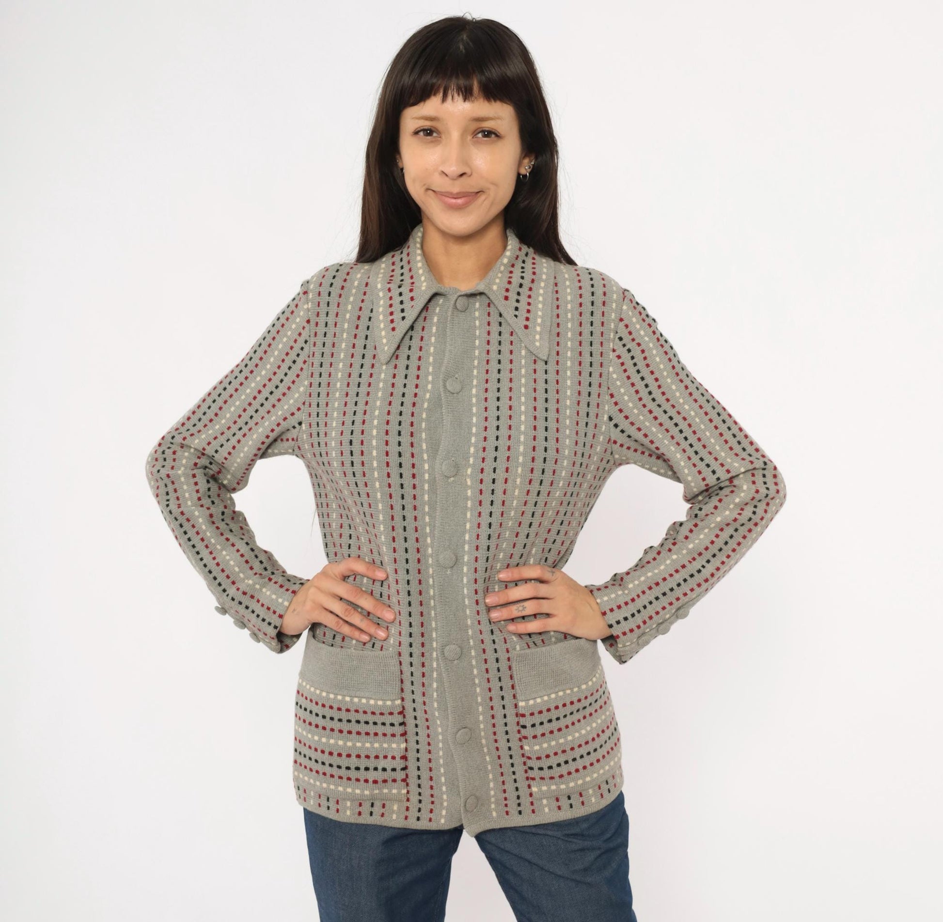 70s Damon Wool Cardigan Grey Dotted Stripe Burgundy Black Cream Medium M
