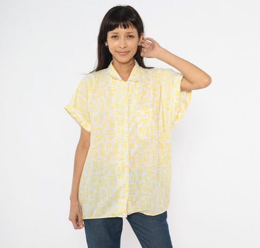 90s Golden Wings Abstract Geometric Shirt Yellow White Collared Blouse Large L
