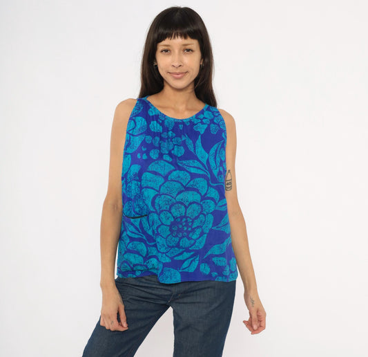 70s Batik Floral Tank Top Cobalt Teal Cotton Scoop Neck Medium M