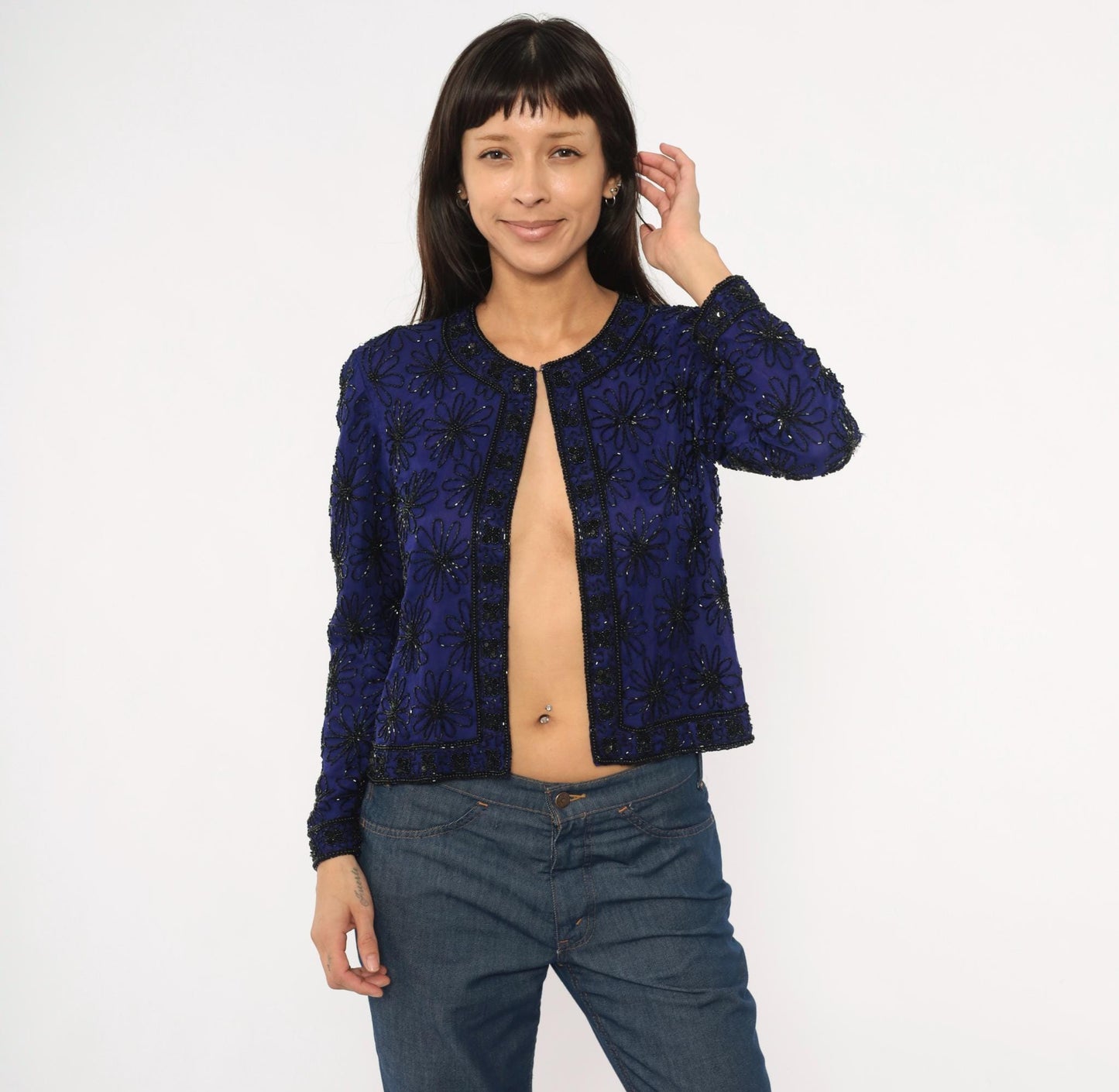 90s Stenay Silk Cropped Jacket Navy Beaded Floral Sequin Small