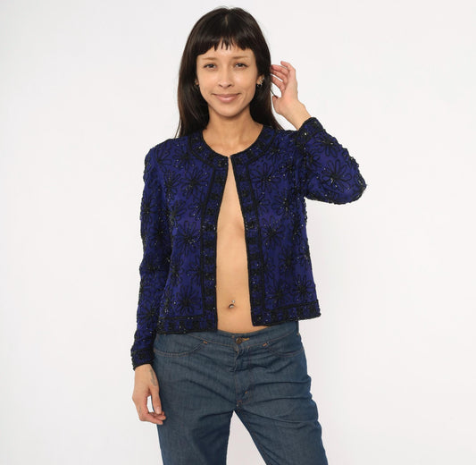 90s Stenay Silk Cropped Jacket Navy Beaded Floral Sequin Small