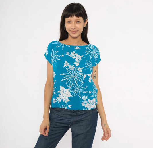 80s Charlie Tropical Floral Blouse Cobalt Blue Cap Sleeve Rayon Medium