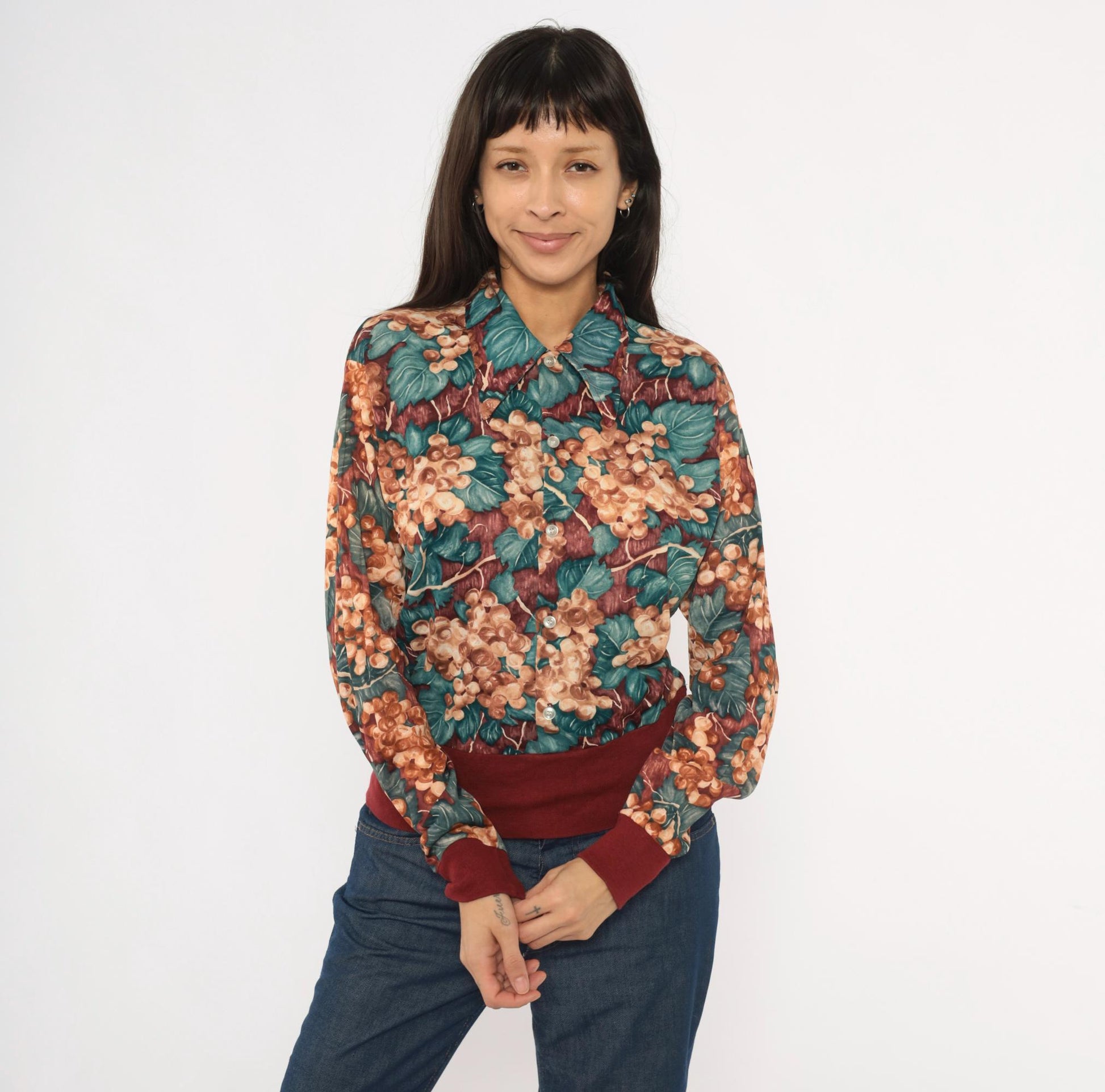 70s Grape Vine Button Blouse Burgundy Teal Pointed Collar Long Sleeve Medium