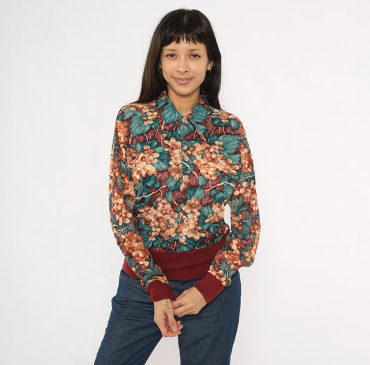 70s Grape Vine Button Blouse Burgundy Teal Pointed Collar Long Sleeve Medium
