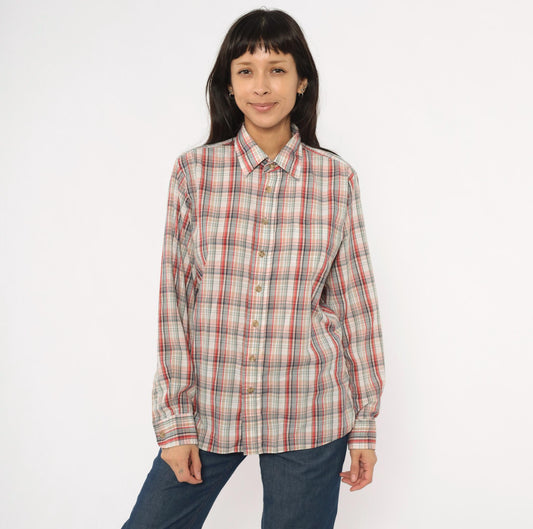 80s New York Sportswear Exchange Plaid Button-Up Shirt Cream Burgundy Medium