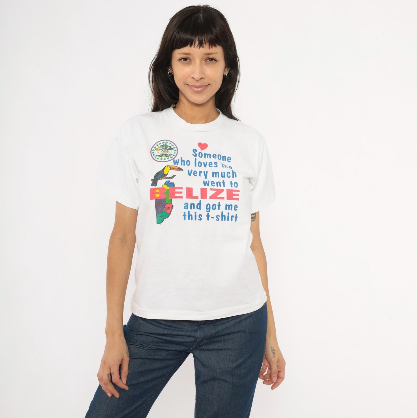 Y2K Belize Souvenir Tee Toucan Graphic White Cotton Small S
