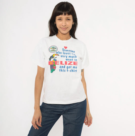 Y2K Belize Souvenir Tee Toucan Graphic White Cotton Small S