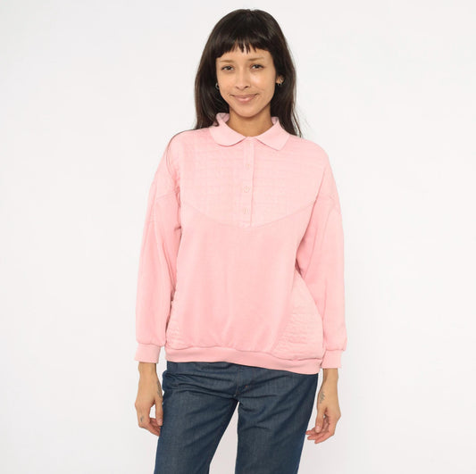 90s Casual Isle Quilted Collared Sweatshirt Pink Large L