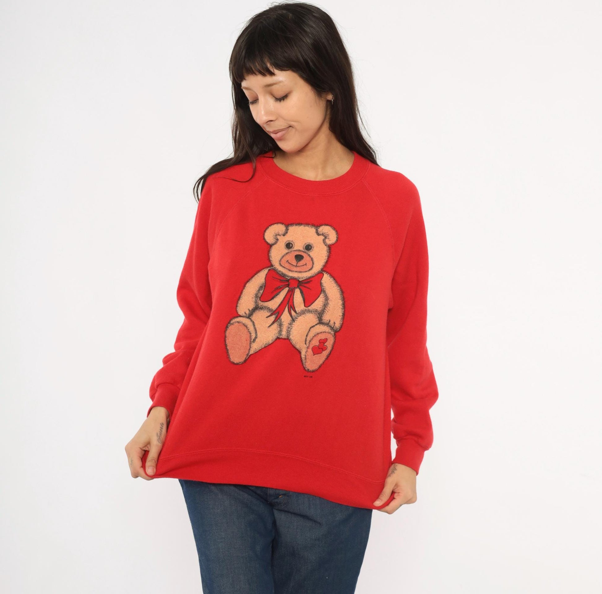 80s Teddy Bear Red Raglan Sweatshirt Graphic Crewneck Hearts Bow Medium M
