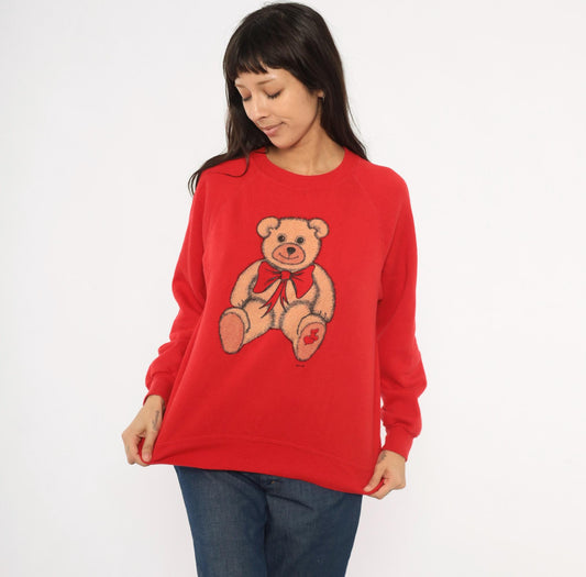 80s Teddy Bear Red Raglan Sweatshirt Graphic Crewneck Hearts Bow Medium M
