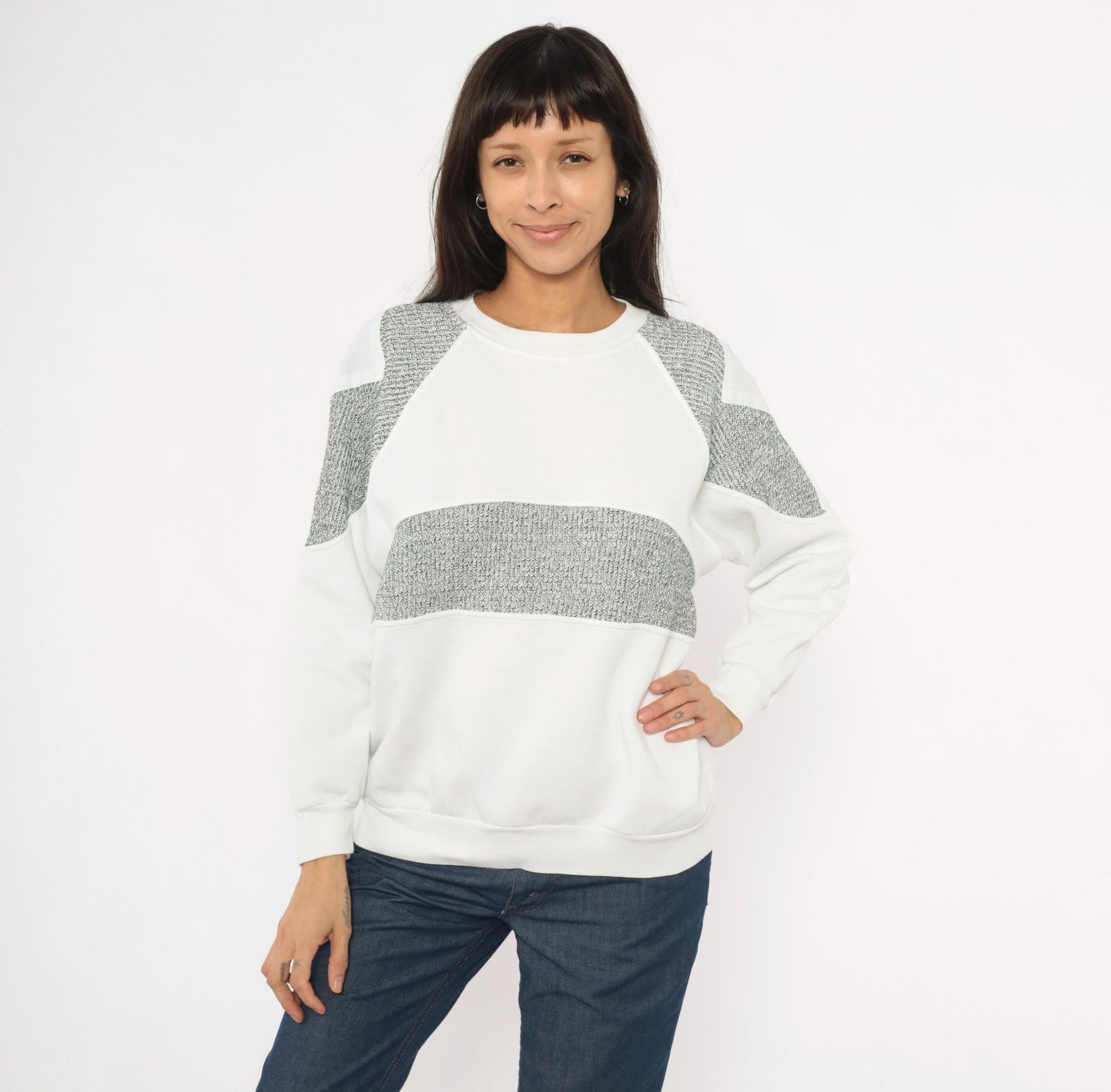 90s Fashion Force Color Block Sweatshirt White Grey Marled Raglan Large L
