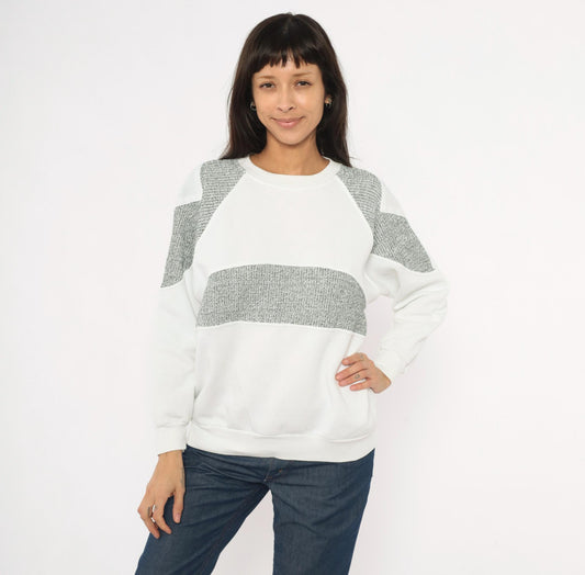 90s Fashion Force Color Block Sweatshirt White Grey Marled Raglan Large L