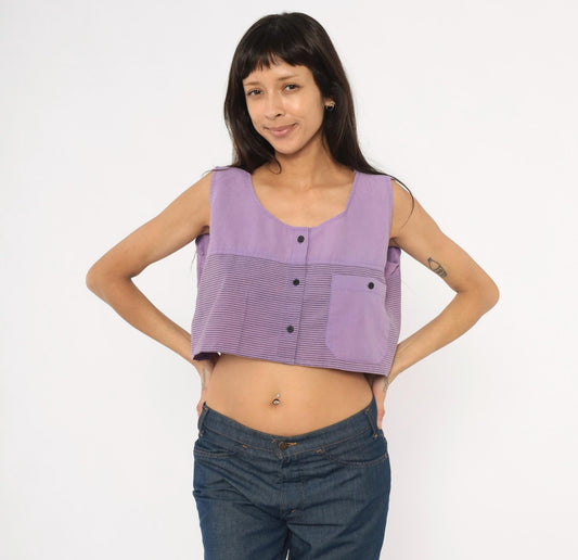 90s Award Winning Lilac Crop Top Striped Scoop Neck Sleeveless Extra Large XL