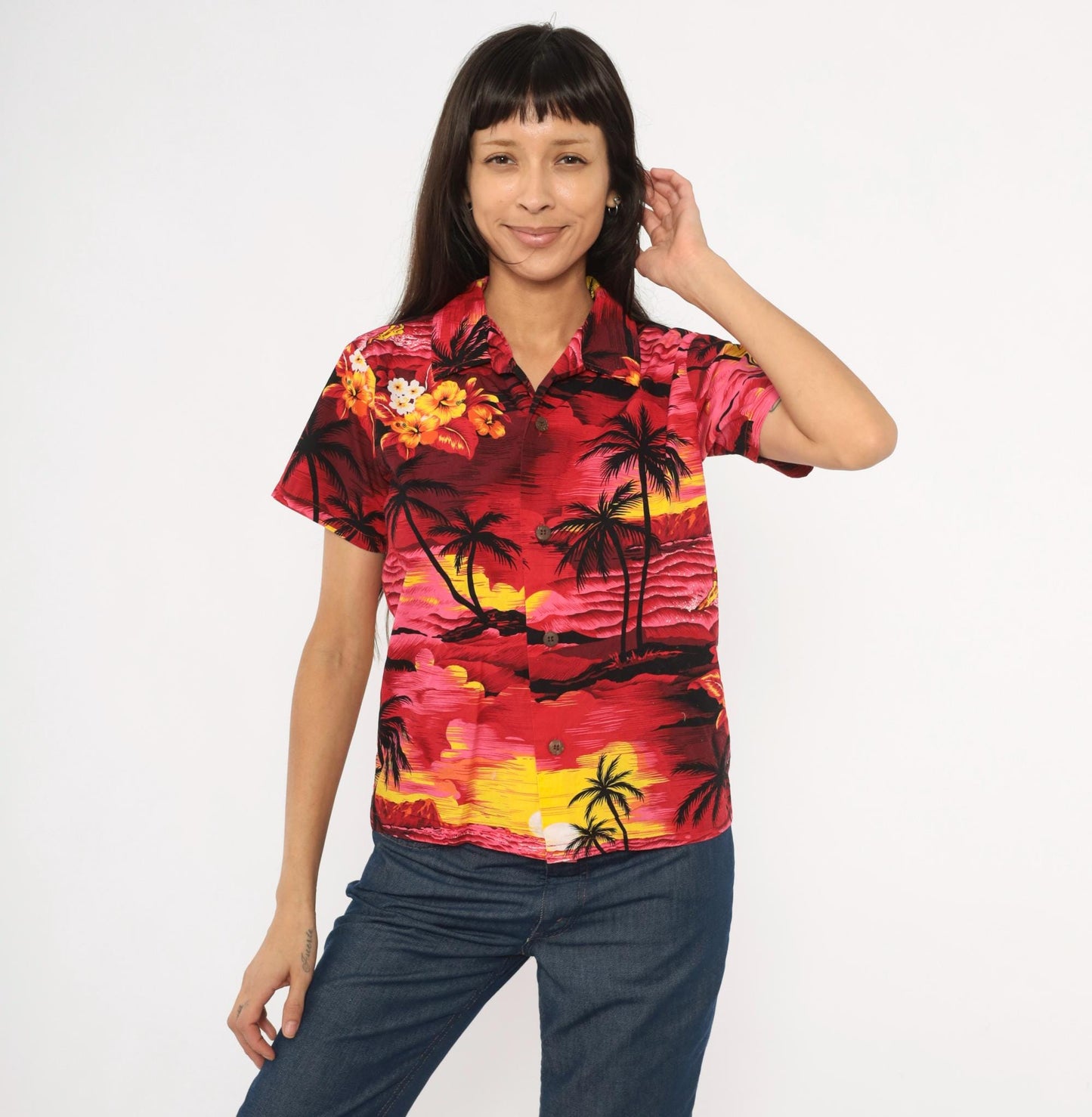 90s Palmwave Hawaii Camp Collar Shirt Red Pink Tropical Palm Tree Cotton Medium