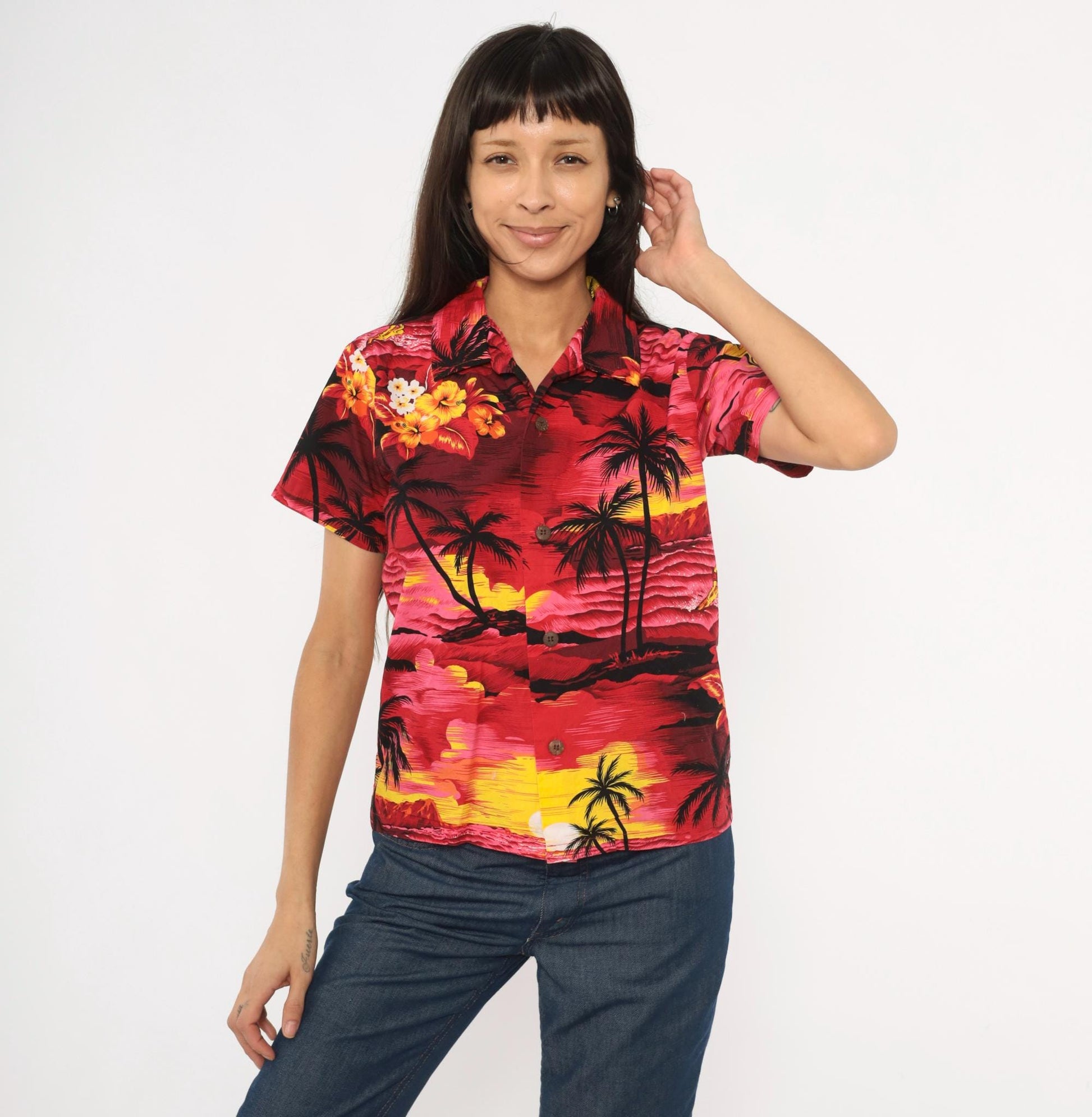 90s Palmwave Hawaii Camp Collar Shirt Red Pink Tropical Palm Tree Cotton Medium