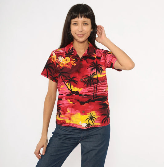 90s Palmwave Hawaii Camp Collar Shirt Red Pink Tropical Palm Tree Cotton Medium