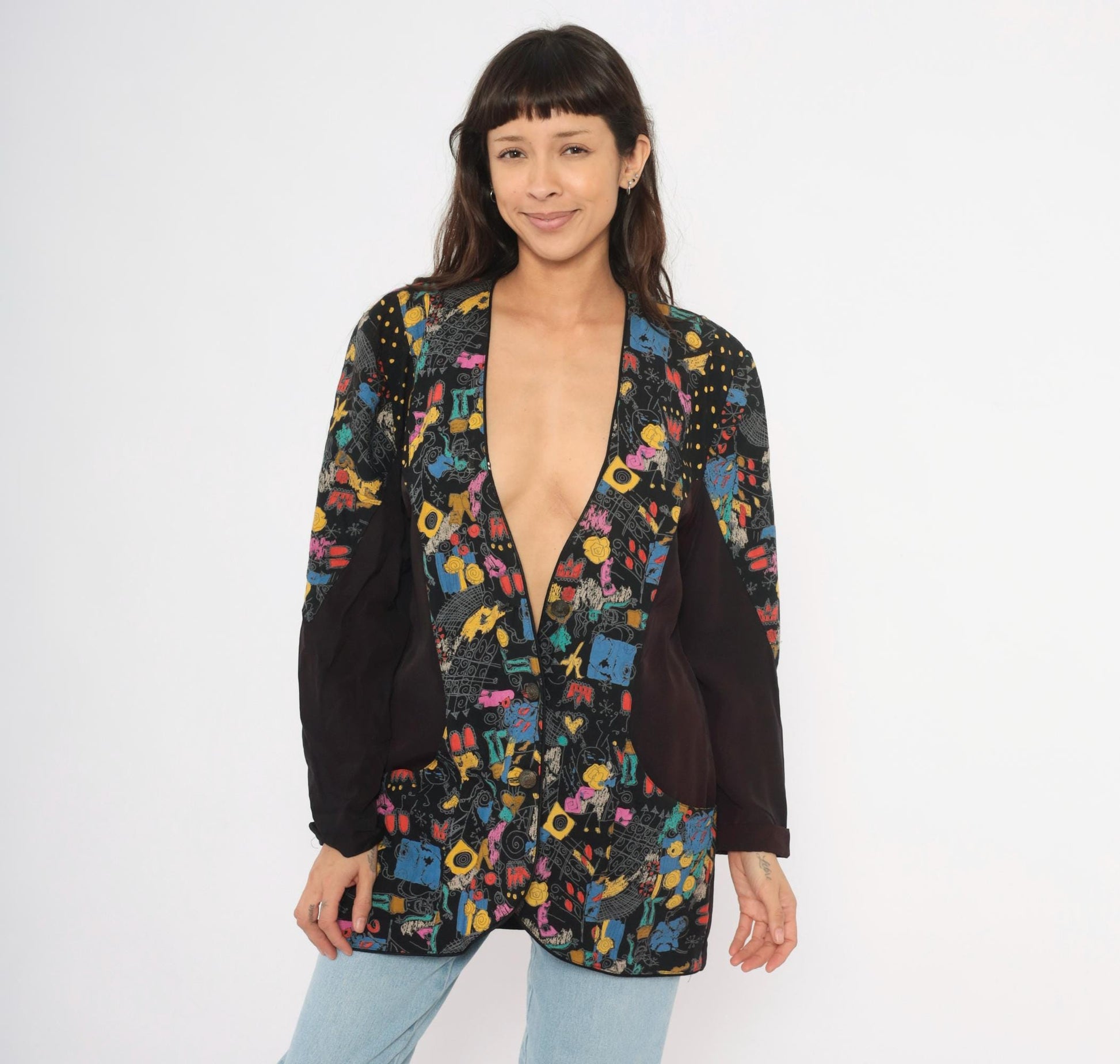90s Choon Abstract Graffiti Blazer Deep V Black Multicolor Print Medium Large