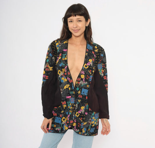 90s Choon Abstract Graffiti Blazer Deep V Black Multicolor Print Medium Large