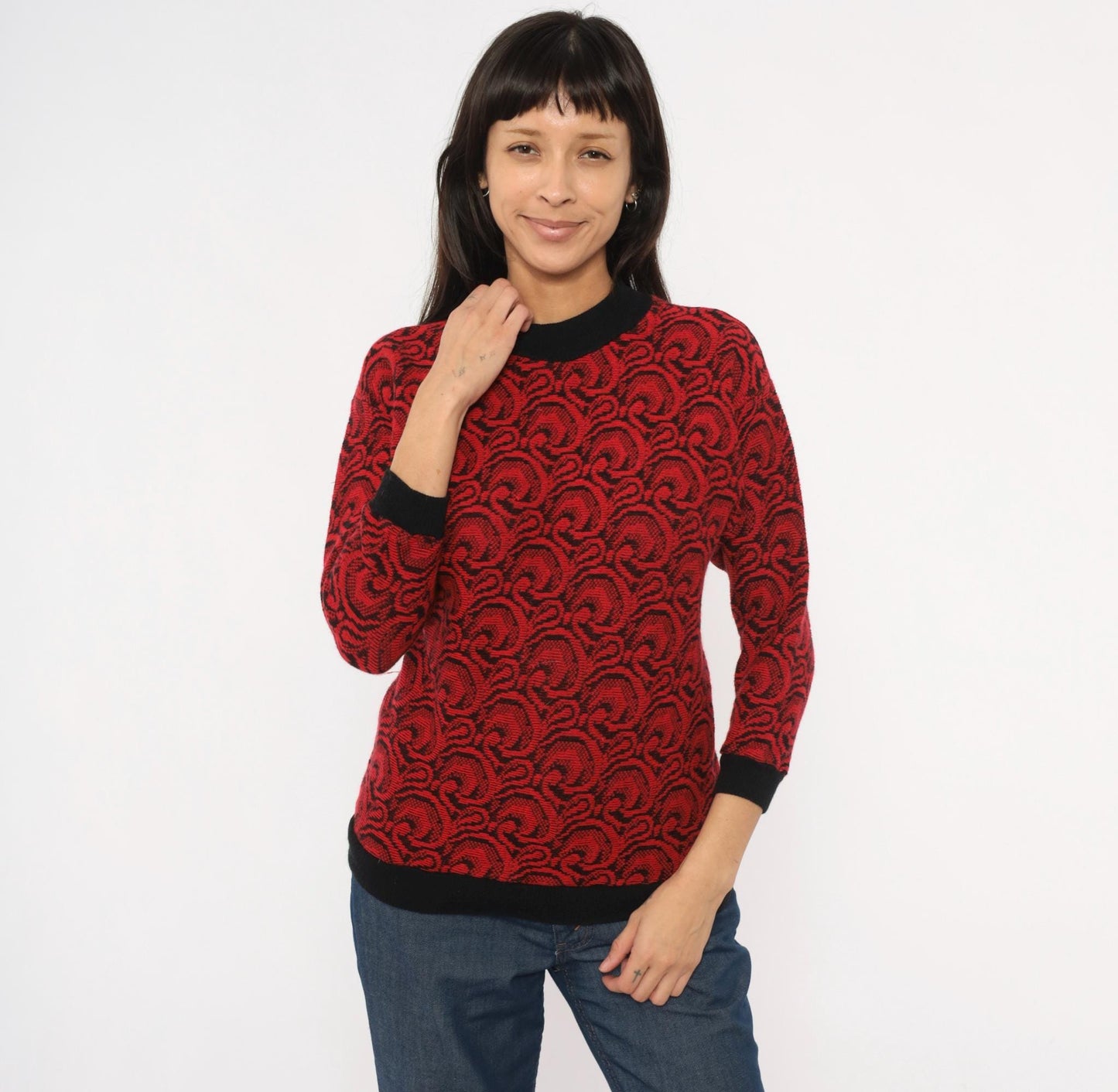 80s Down Side Up Jacquard Swirl Sweater Red Black Crew Neck Extra Small XS