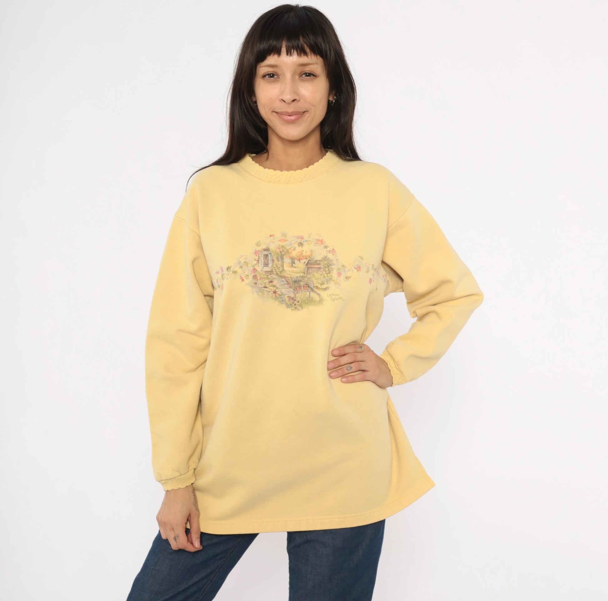 90s Northern Reflections Butter Yellow Garden Scene Sweatshirt Cotton Large L