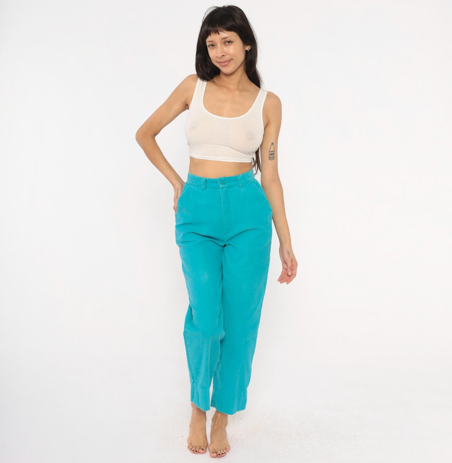 80s Gregg Michael Teal Corduroy Trousers High Waisted Straight Leg Extra Small XS