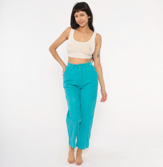 80s Gregg Michael Teal Corduroy Trousers High Waisted Straight Leg Extra Small XS