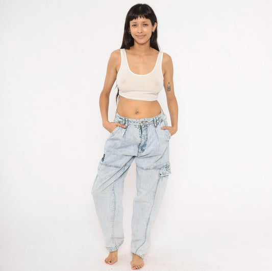 80s Bugle Boy Acid Wash Cargo Jeans Light Blue High Rise 33L