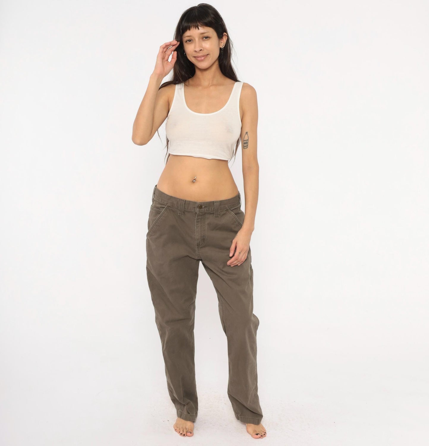 90s Carhartt Carpenter Pants Olive Cotton Straight Leg Workwear 34 x 30