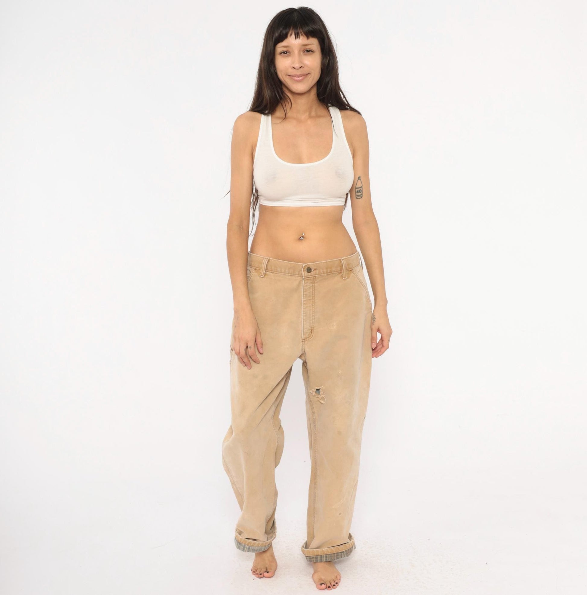 Carhartt Carpenter Pants Flannel Lined Canvas Straight Leg Tan Distressed Extra Large XL