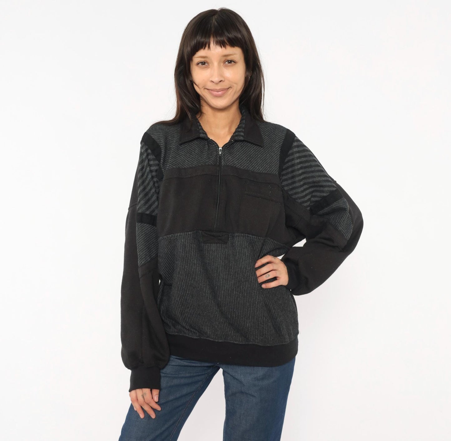 90s Alexxus Half-Zip Pullover Black Grey Patchwork Colorblock Sweatshirt Extra Large